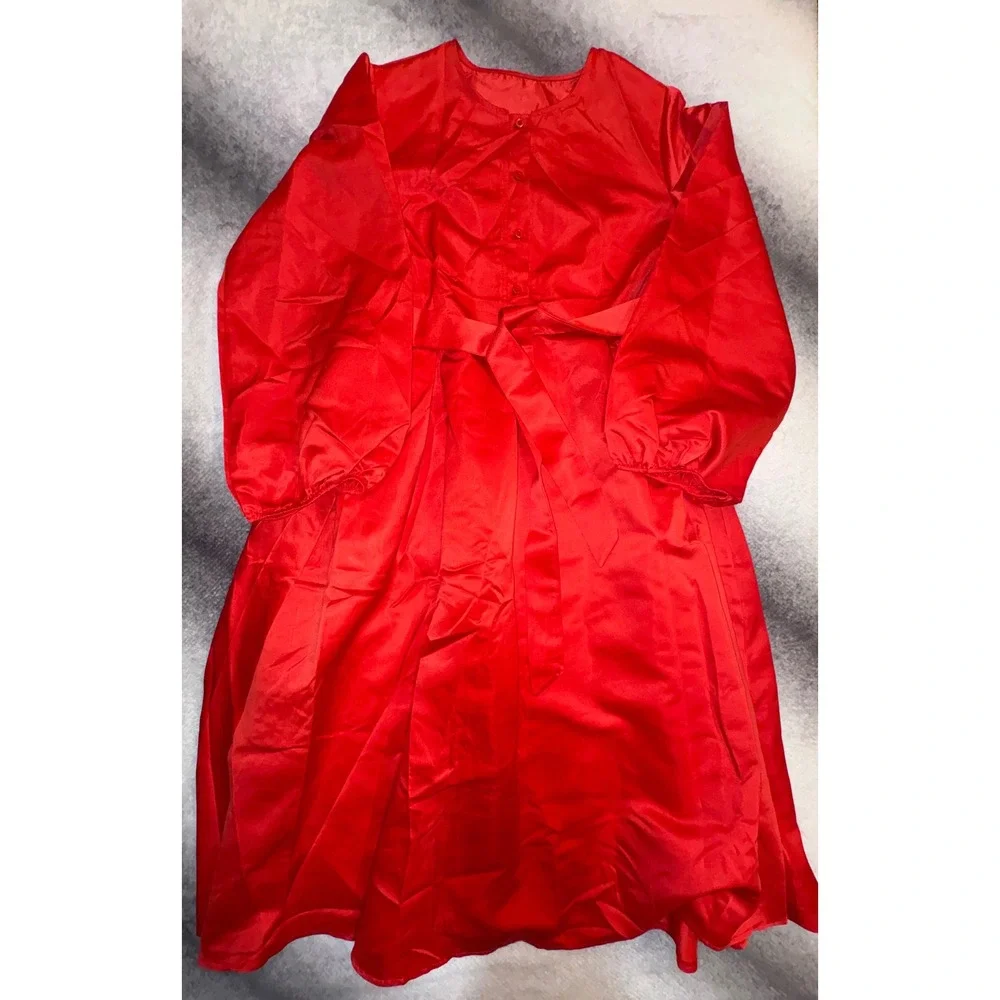 Red Satin Lantern Sleeve Midi Dress‎ XL Button Front Belted A-Line Formal Party